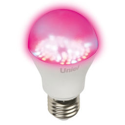 LED-A60-9W/SP/E27/CL ALM01WH Лампа светодиодная для растений. Форма "A", прозрачная колба. Материал корпуса пластик. Упаковка картон.