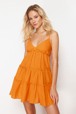 Plaj Giyim %100 Pamuk Turuncu Dokuma F?rf?rl? Mini Elbise TBESS24EL00069