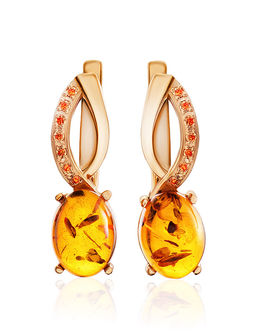 Лёгкие серьги Ренессанс из коньячного янтаря с фианитами