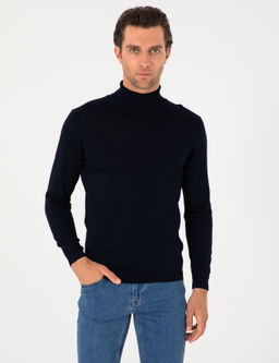 Lacivert Slim Fit Y_n Kar___ml_ Bal_k__ Yaka Basic Triko Kazak