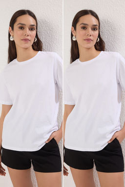Beyaz-Beyaz Basic %100 Pamuk Bisiklet Yaka 2li Paket Orme T-Shirt TWOSS20TS0141