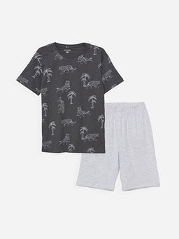 Bisiklet Yaka Bask?l? K?sa Kollu Erkek ?ocuk ?ortlu Pijama Tak?m?