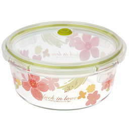 "Лак ин лав (Luck in love)" Контейнер стеклянный 900мл, д17см h6,6см, боросиликатное стекло, с деколью, круглый, пластмассовая крышка с пароотводом, герметичная, с клипсами, с силиконовым уплотнителем (Китай)