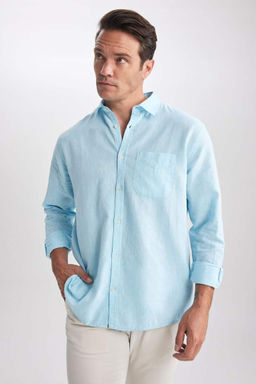 Льняная рубашка обычного кроя с воротником поло и длинными рукавами - Defacto фото 8