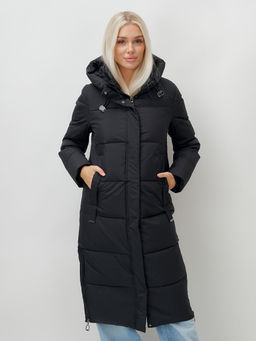 Пальто утепленное стеганное зимнее с капюшоном женское черного цвета 9608Ch - Mtforce фото 16