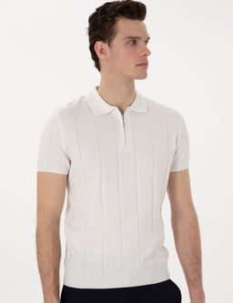 Ekru Slim Fit Fermuarl_ Polo Yaka Triko Ti__rt