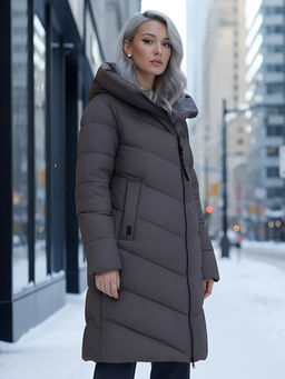 Пальто зимнее утепленное с капюшоном женское темно-коричневого цвета 1318TK