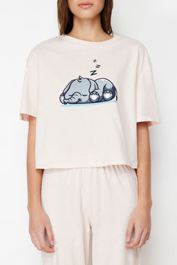 Trendyolmilla Pudra %100 Pamuklu Fil Bask?l? Orme Pijama Tak?m? THMSS24PT00070 фото 4