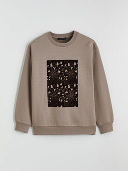 Bisiklet Yaka Bask?l? Kad?n Kal?n Sweatshirt