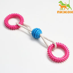 Игрушка канатная с жевательными элементами 2 шипастых кольца, до 29 см, до 120 г, микс