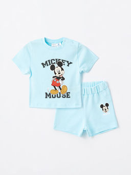 Bisiklet Yaka K?sa Kollu Mickey Mouse Bask?l? Erkek Bebek Ti??rt ve ?ort 2li Tak?m