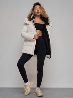 Зимняя женская куртка модная с капюшоном бежевого цвета 589827B - RoccaManer фото 22