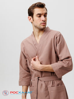 Мужской укороченный вафельный халат с планкой коричневый В-05 (21)