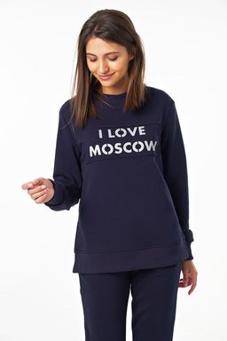 Костюм трикотажный свободный с брюками из хлопка темно-синий - Fly фото 4