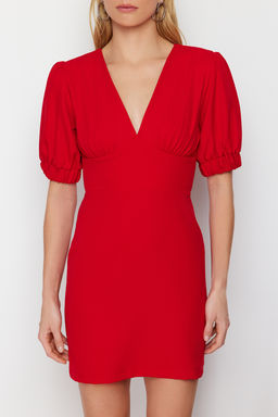 K?rm?z? A Kesim S?rt Datayl? Balon Kollu Mini Dokuma Elbise TWOSS24EL00652