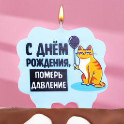 Свеча для торта С днем рождения, померь давление, кот, 8 см, голубая