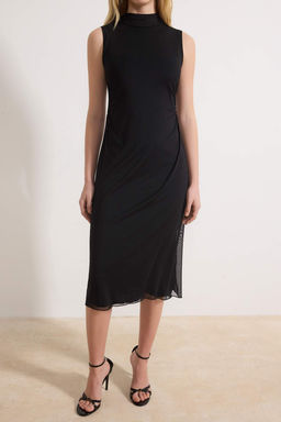 Siyah Animal A-line Dik Yaka Kolsuz Midi Tul Astarl? Orme Elbise TWOSS26EL00103