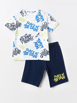 Bisiklet Yaka Bask?l? K?sa Kollu Erkek ?ocuk ?ortlu Pijama Tak?m?