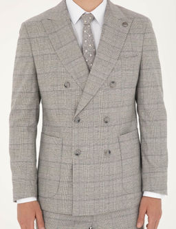 Gri Ex. Slim Fit Ekose Kruvaze Tak_m Elbise