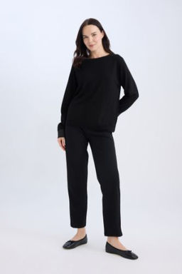 Pantolon Straight Fit Lastikli Bel Piliseli Basic Duz