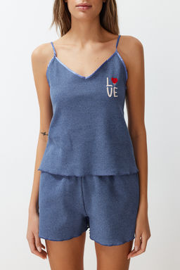 Trendyolmilla Mavi Dokulu Nak?sl? Ip Askl? Sortlu Orme Pijama Tak?m? THMSS24PT00155 фото 4