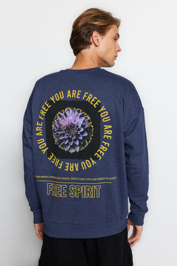 Indigo Oversize/Genis Kesim Cicek S?rt Bask?l? Ici Polarl?/S?cak Tutan Sweatshirt TMNAW23SW00493