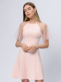 УЦЕНКА. Платье розового цвета длины мини с рукавами из фатина