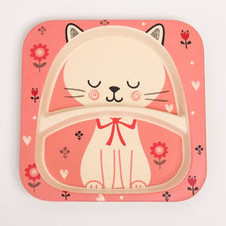 Набор детской бамбуковой посуды Кошечка, тарелка, миска, стакан, приборы, 5 предметов - Крошка я фото 3