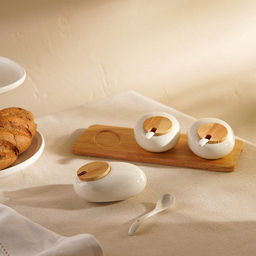 Банки для сыпучих SL Home «Тренто», 150 мл, набор 3 шт., с ложками, на деревянной подставке, фарфор, белые