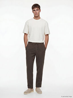 Regular Fit Keten G?r?n?ml? Erkek Pantolon