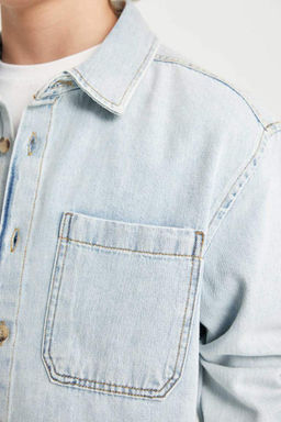 Джинсовая рубашка оверсайз с воротником поло и длинными рукавами для мальчика - Defacto фото 5