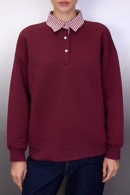 Bordo Dokuma Garni Detayl? Oversize Kal?p Polo Yaka Kal?n ici Polarl? Orme Sweatshirt TWOAW26SW00116