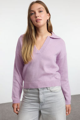 Lila Genis Kal?p Yumusak Dokulu Basic Triko Kazak TWOAW25KZ00023 - Trendyolmilla фото 2