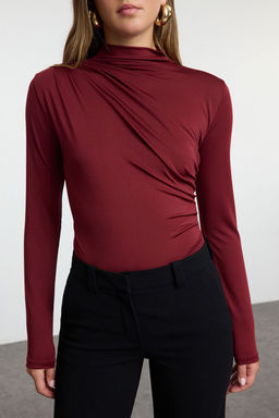 Bordo Buzgu Detayl? Dik Yaka C?tc?tl? Esnek Orme Body TWOAW24BD00014