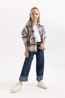 Широкие джинсовые брюки с отворотами для девочек - Defacto фото 5