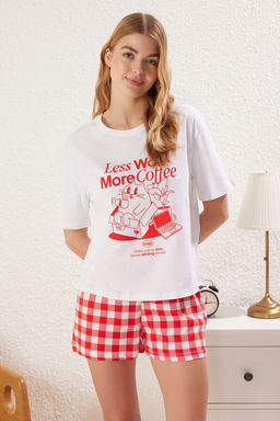 Trendyolmilla Kad?n Couple/Cift K?rm?z? %100 Pamuklu Ekoseli Sortlu Orme Pijama Tak?m? THMSS25PT00178 фото 2