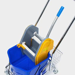 Тележка уборочная одноведерная с вертикальным отжимом и сеткой, синее ведро 25 л, хромированная рама