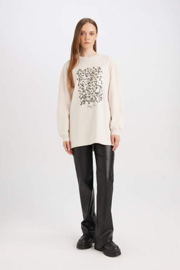 Тонкий свитшот-туника с круглым вырезом и принтом Relax Fit, подкладка из мягкого меха - Defacto фото 2