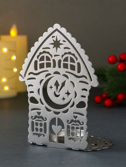 Подсвечник на 1 свечу Домик новогодний с часами, металл, серебряный, 6.7?10?13.5 см