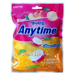 Леденцы Ксилитол Энитайм со вкусом сливы и персика (Xylitol Anytime, Plum and Peach) Lotte без сахара, Корея, 60 г Акция