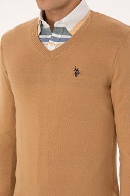 Erkek Slim Fit V Yaka Camel Basic Triko Kazak - U.s. polo assn фото 7