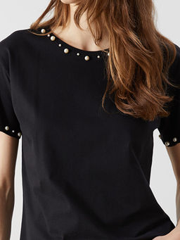 Bisiklet Yaka Boncuk ??lemeli Kad?n Ti??rt