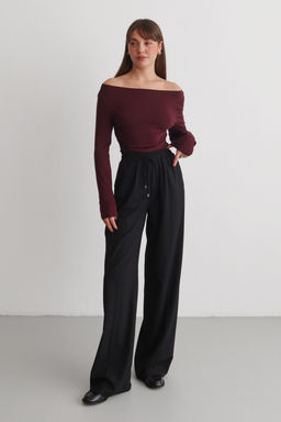 Siyah Bordo Cizgili Beli Lastikli Wideleg/Genis Paca Dokuma Pantolon TWOAW26PL00174