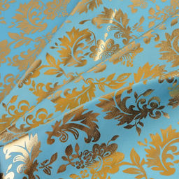 Цена за 212 шт. Ткань атлас для рукоделия и шитья, ширина 150 см, золотой узор на голубом