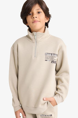 Yar_m Fermuarl_ __i Yumu_ak T_yl_ Bask_l_ Sweatshirt Erkek _ocuk