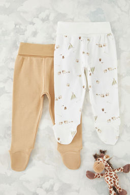 Ekru-Camel 2li Erkek Bebek %100 Pamuk Animal Bask?l? Orme Pantolon TKDSS25PL00012