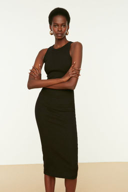 TRENDYOLMILLA Siyah Fitilli Bodycone/Vucuda Oturan Bisiklet Yaka Esnek Midi Orme Kalem Elbise TWOSS22EL1575 фото 3