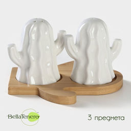 Набор для специй BellaTenero Кактусы, солонка 75 мл, перечница 75 мл, на бамбуковой подставке, фарфор, белый