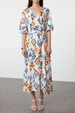 Cok Renkli Etnik Kusakl? Desenli A Kesim Kruvaze Yaka Dokuma Elbise TWOSS24EL01046 - Trendyolmilla фото 4