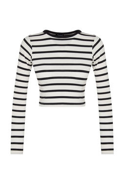Siyah Cizgili Premium Viskoz Yumusak Kumasl? Fitted Crop Esnek Orme Bluz TWOAW24BZ00048